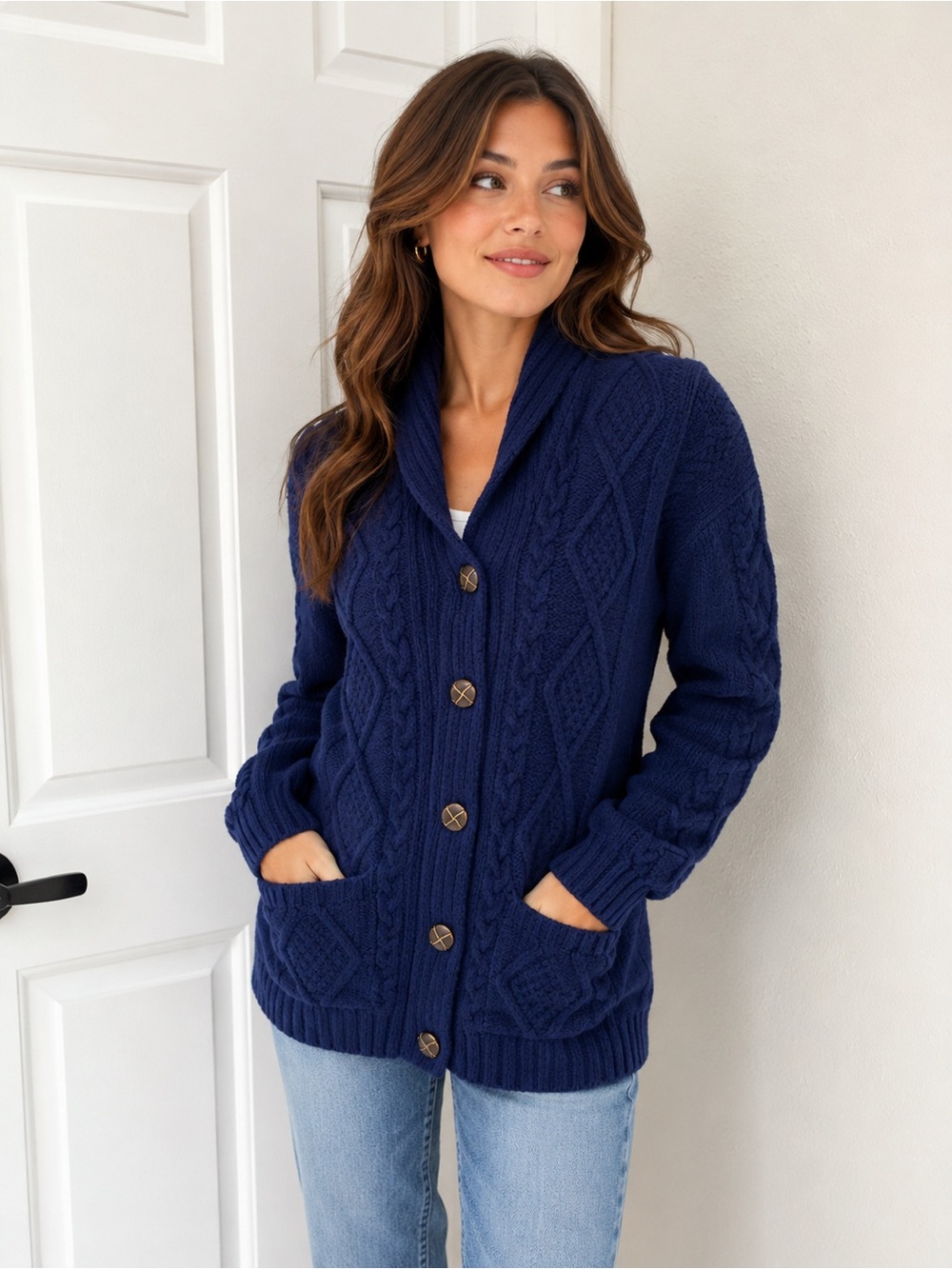 Textured Shawl Collar Cardigan Sweater - Navy M
